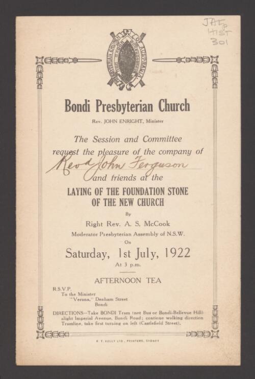 Bondi Presbyterian Church ... laying of the foundation stone at the new church ... 1st July, 1922