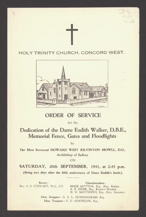 Order of service for the dedication of the Dame Eadith Walker, D.B.E., memorial fence, gates and flood lights by the Most Reverend Howard West Kilvinton Mowll, D.D., Archbishop of Sydney on Saturday, 20th September, 1941