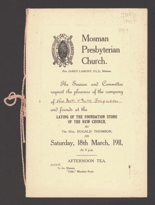 Mosman Presbyterian Church ... : laying of the foundation stone of the new church ... on 18th March, 1911