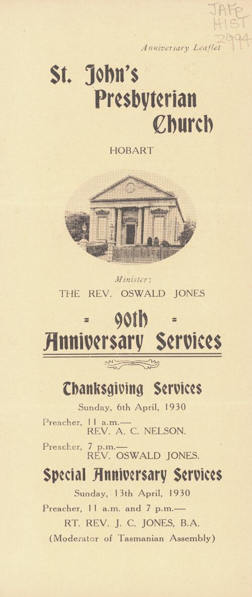 St. John's Presbyterian Church, Hobart : 90th anniversary services