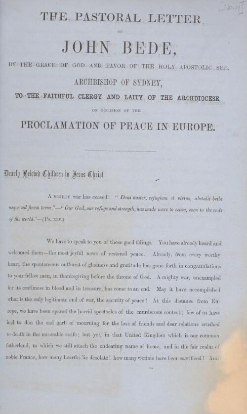 The pastoral letter of John Bede, Archbishop of Sydney, to the faithful clergy and laity of the Archdiocese on occasion of the proclamation of peace in Europe
