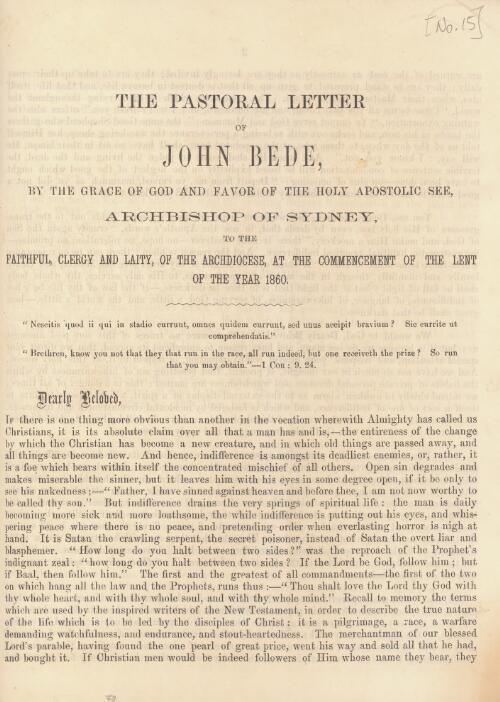 The pastoral letter of John Bede, by the Grace of God and favor of the Holy Apostolic See, Archbishop of Sydney, to the faithful, clergy and laity of the Archdiocese, at the commencement of the Lent of the year 1860
