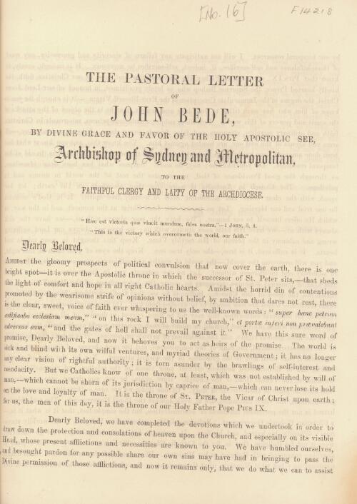 The pastoral letter of John Bede, by Divine Grace and favor of the Holy Apostolic See, Archbishop of Sydney and Metropolitan, to the faithful clergy and laity of the Archdiocese