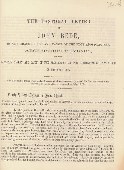 The pastoral letter of John Bede, by the Grace of God and favor of the Holy Apostolic See, Archbishop of Sydney, to the faithful, clergy and laity of the Archdiocese at the commencement of the Lent of the year 1861