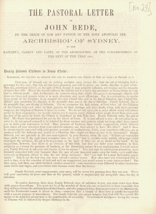 The pastoral letter of John Bede, by the Grace of God and favor of the Holy Apostolic See, Archbishop of Sydney, to the faithful, clergy and laity of the Archdiocese at the commencement of the Lent of the year 1865