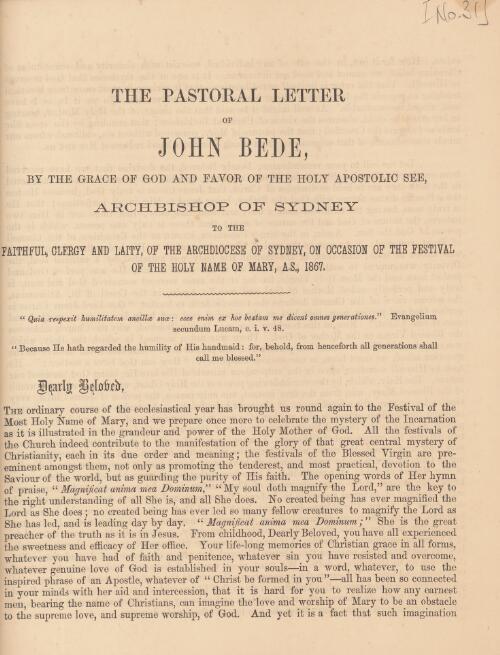 The pastoral letter of John Bede, by the Grace of God and favor of the Holy Apostolic See, Archbishop of Sydney, to the faithful, clergy and laity of the Archdiocese of Sydney, on occassion of the Festival of the Holy Name of Mary, A.S., 1867