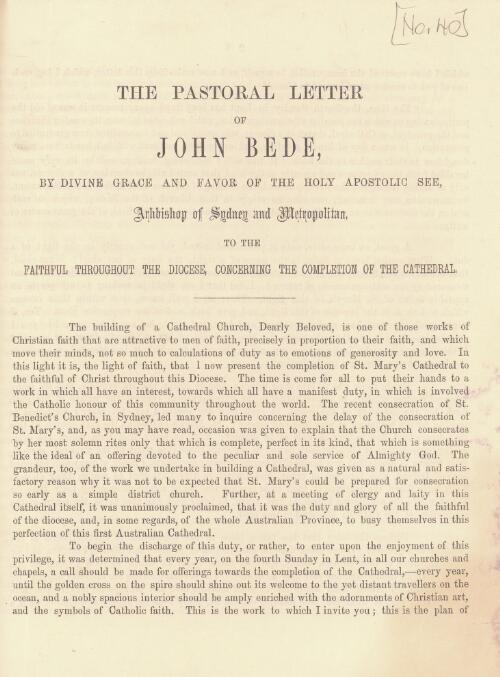 The pastoral letter of John Bede, by Divine Grace and favor of the Holy Apostolic See, Archbishop of Sydney and Metropolitan, to the faithful throughout the diocese, concerning the completion of the Cathedral