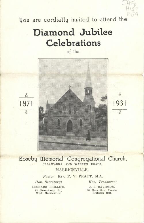 The Diamond jubilee celebrations of the Roseby Memorial Congregational Church