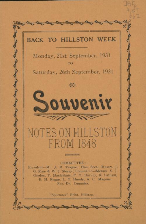 Back to Hillston Week, Monday, 21st September, 1931 to Saturday, 26th September, 1931 : souvenir program of celebrations