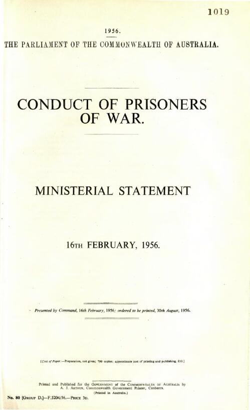 Conduct of prisoners of war : ministerial statement, 16th Feb. 1956