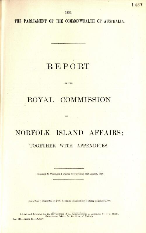 Report of the Royal Commission on Norfolk Island Affairs, together with appendices