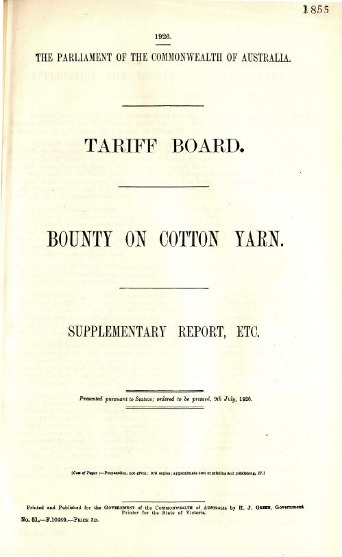 Bounty on cotton yarn : supplementary report, etc. / Tariff Board