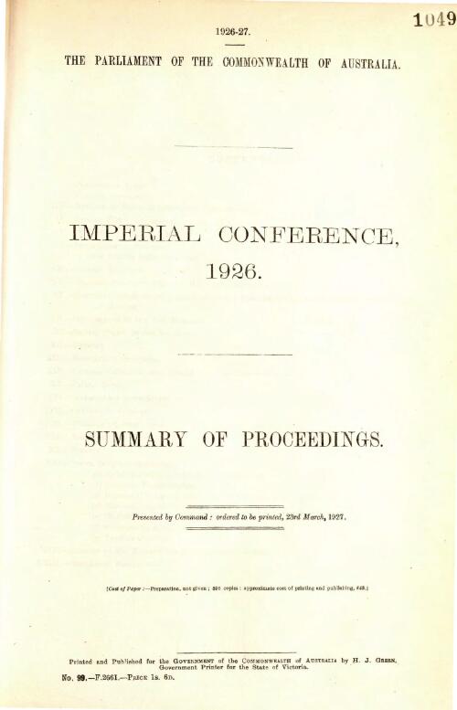 Imperial Conference, 1926 : summary of proceedings