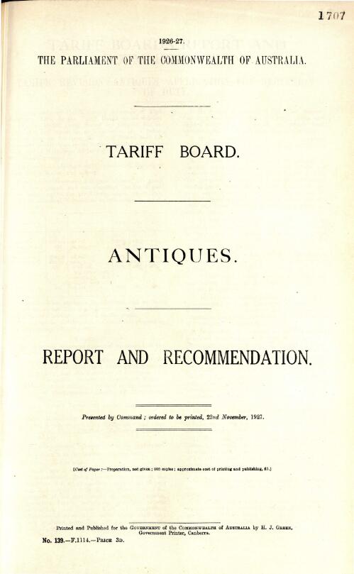 Tariff Board's report and recommendation on antiques