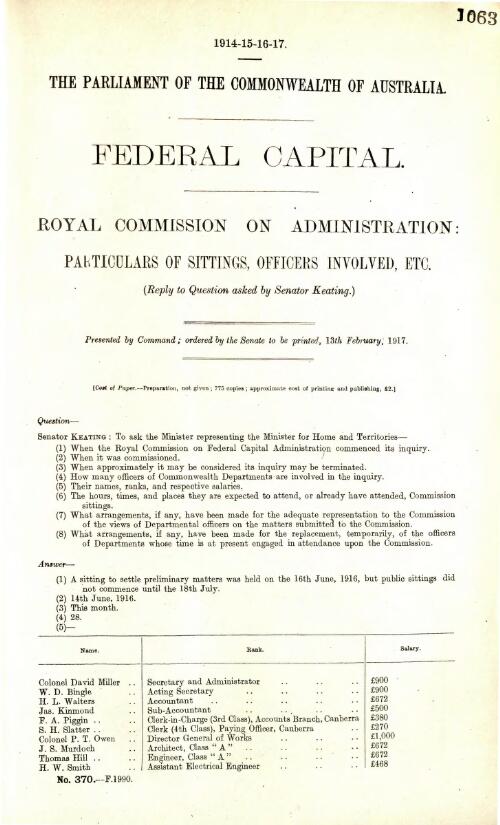 Federal Capital : Royal Commission on Administration : particulars of sittings, officers involved, etc