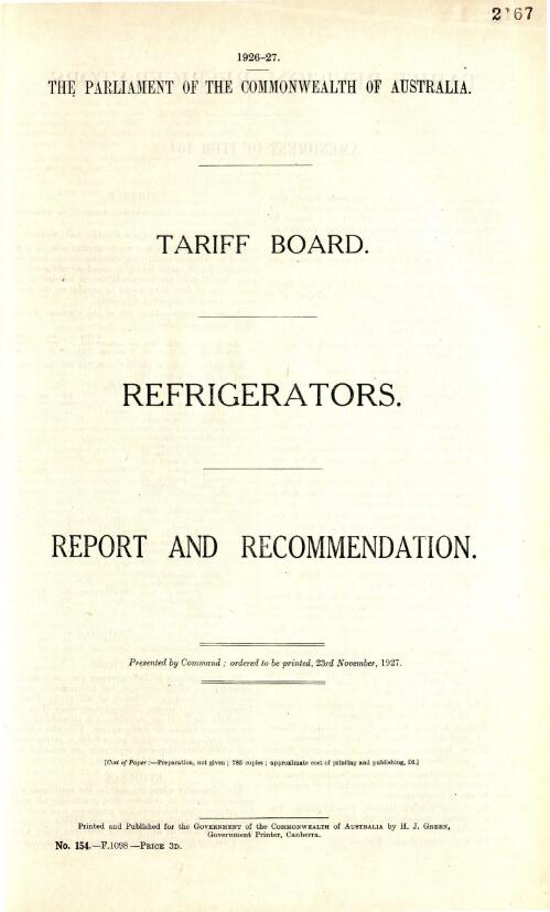 Tariff Board's report and recommendation on refrigerators
