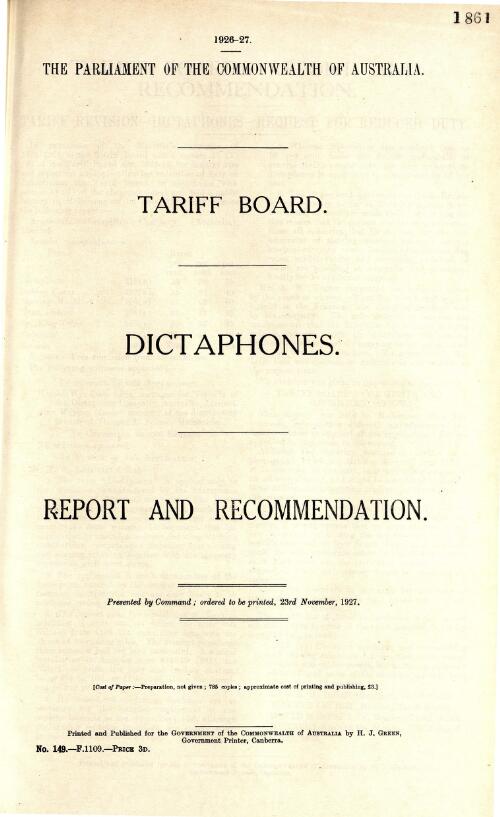 Tariff Board's report and recommendation on dictaphones
