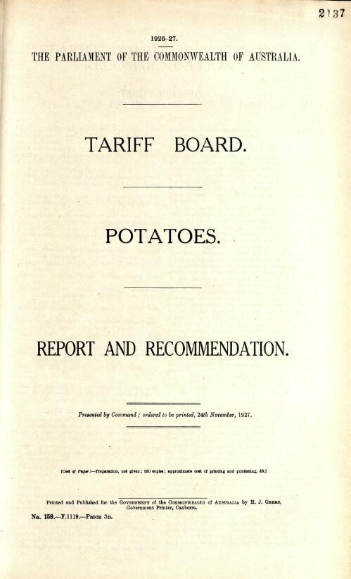 Tariff Board's report and recommendation on potatoes