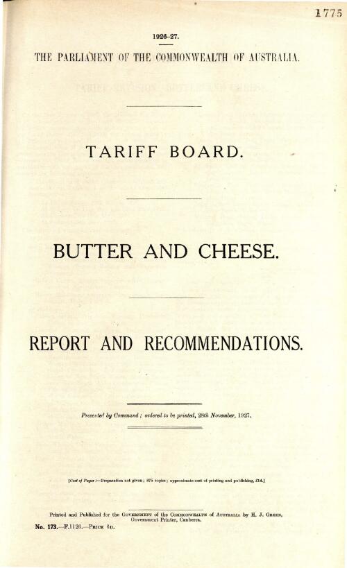 Butter and cheese : report and recommendations / Tariff Board