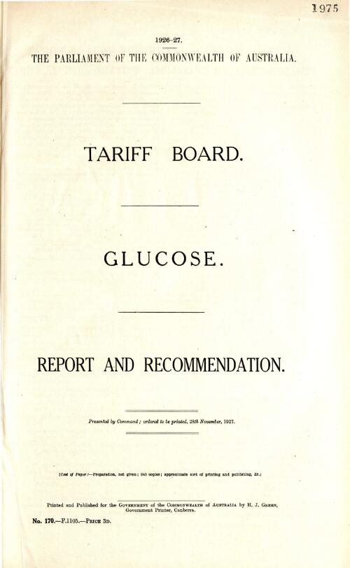 Tariff Board's report and recommendation on glucose