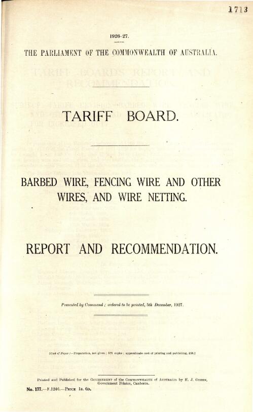 Barbed wire, fencing wire and other wires, and wire netting : report and recommendation / Tariff Board