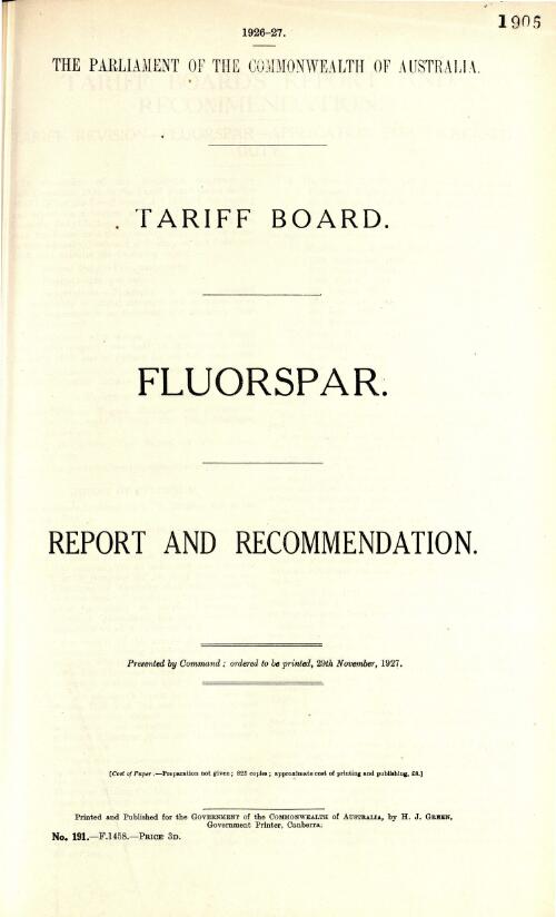Fluorspar : report and recommendation / Tariff Board