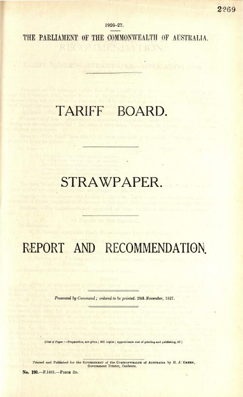 Strawpaper : report and recommendation / Tariff Board