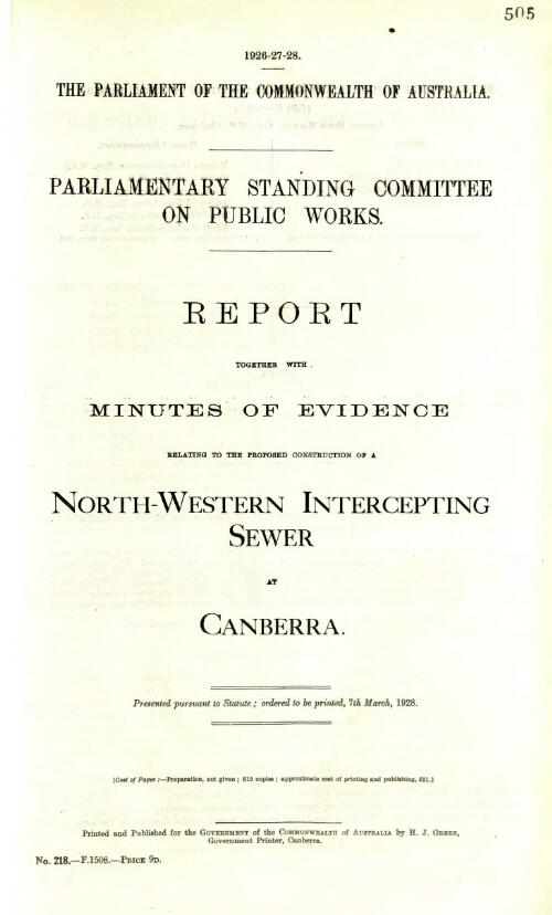 Report together with Minutes of evidence relating to the proposed construction of a north-western intercepting sewer at Canberra