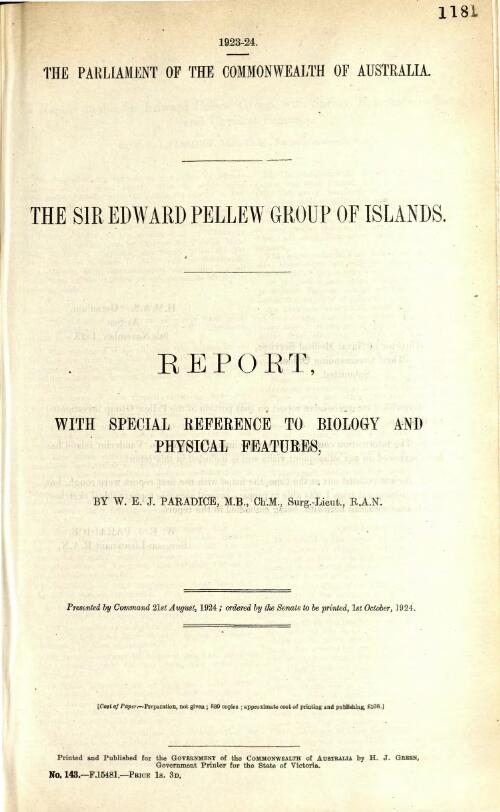 The Sir Edward Pellew Group of Islands : report, with special reference to biology and physical features / by W.E.J. Paradice