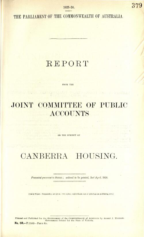 Report from the Joint Committee of Public Accounts on the Subject of Canberra housing