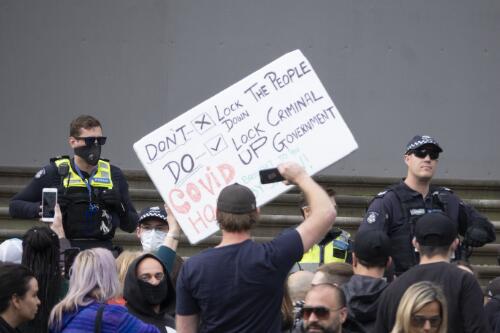 Anti-lockdown protesters demonstrating on the steps of Parliament House during the COVID-19 pandemic, Melbourne, Victoria, 10 May 2020 / Leigh Henningham