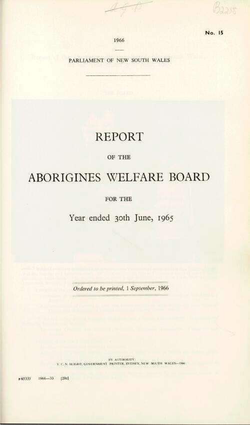 Report of the Aborigines Welfare Board for the year ended