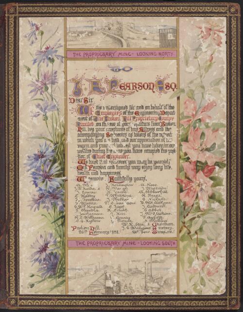 [Illuminated calligraphic address to J. Pearson from the Engineering Dept. of the Broken Hill Proprietary Co. Ltd.]