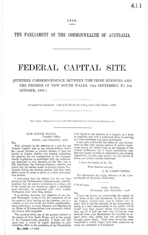 Federal Capital Site. : (Further correspondence between The Prime Minister and The Premier of New South Wales, 14th September to 6th October, 1906)