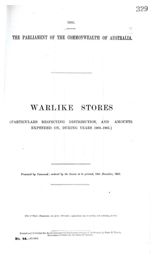 Warlike stores : (Particulars respecting distrubution, and amounts expended on, during years 1901-1905.)