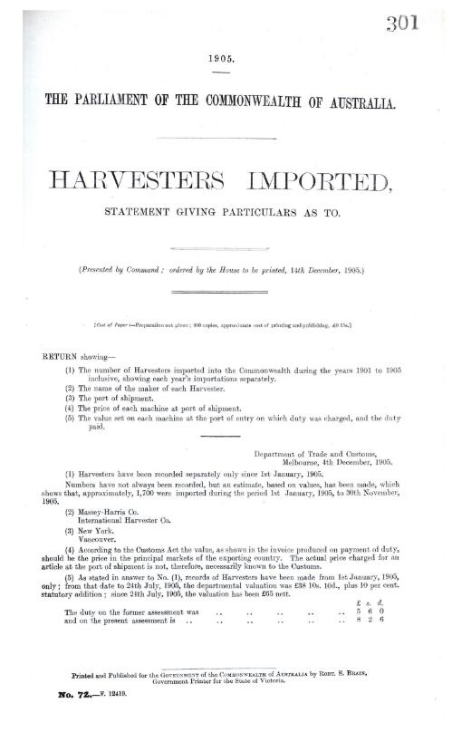 Harvesters imported, : statement giving particulars as to