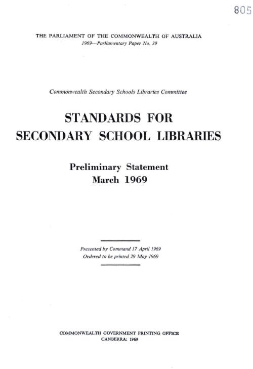 Standards for secondary school libraries : preliminary statement, March 1969 / Commonwealth Secondary Schools Libraries Committee