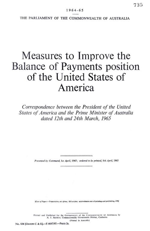 Measures to improve the balance of payments position of the United States of America - correspondence between the President of the United States of America and the Prime Minister of Australia dated 12th and 24th March, 1965