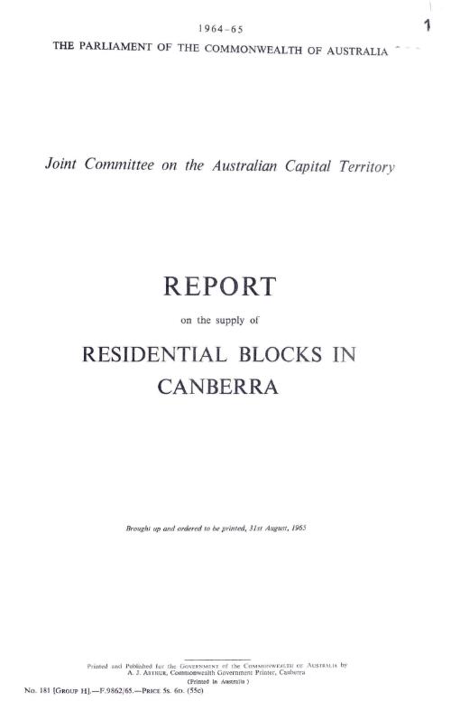 Report on the supply of residential blocks in Canberra / Joint Committee on the Australian Capital Territory