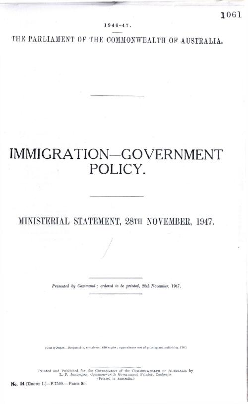Immigration - government policy : ministerial statement, 28th November, 1947