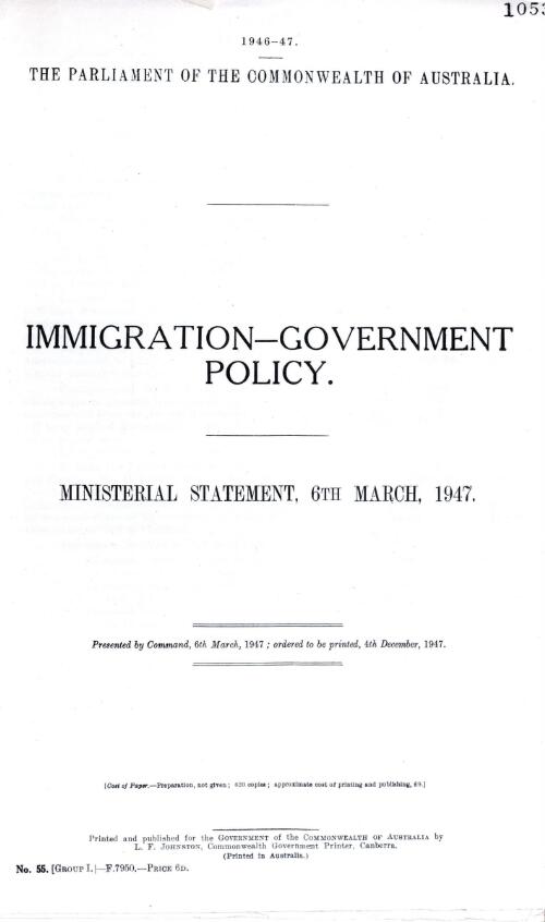 Immigration - Government policy : ministerial statement, 6th March, 1947