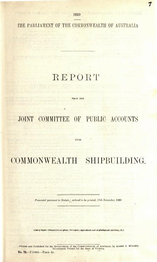 Report from the Joint Committee of Public Accounts upon Commonwealth shipbuilding