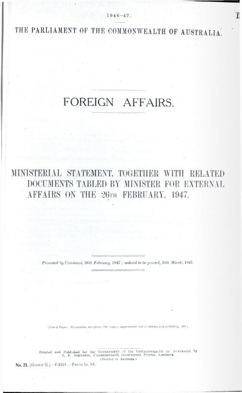 Foreign affairs : Ministerial statement together with related documents tabled on the 26th February, 1947