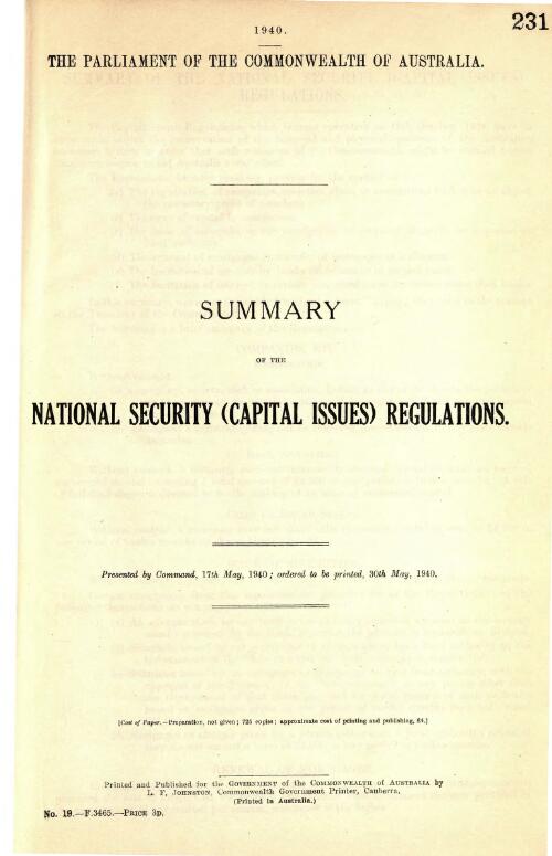 Summary of the National Security (Capital Issues) Regulations / The Parliament of the Commonwealth of Australia