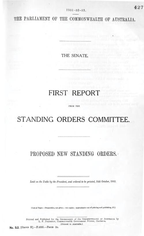 Senate - first report from the Standing Orders Committee - proposed new standing orders - 1953