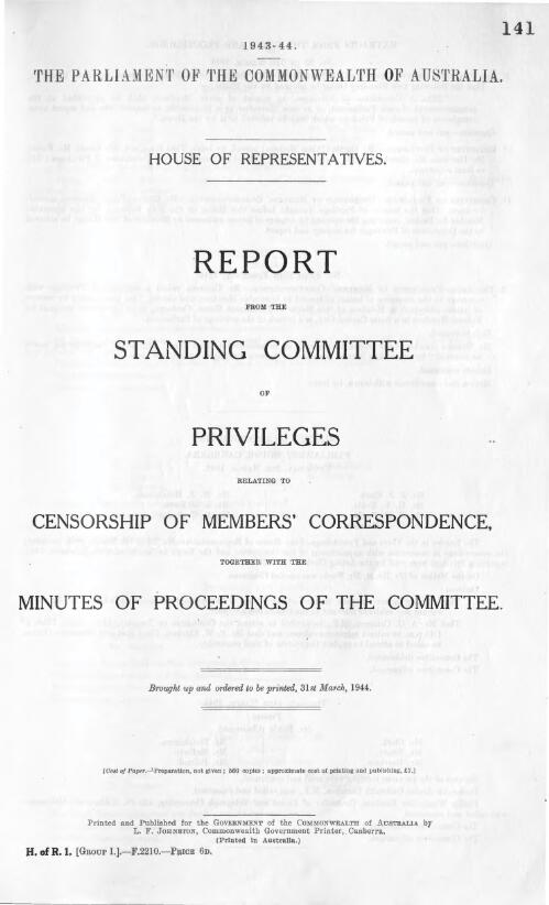 Report from the Standing Committee of Privileges relating to censorship of Members' correspondence, together with the minutes of proceedings of the committee