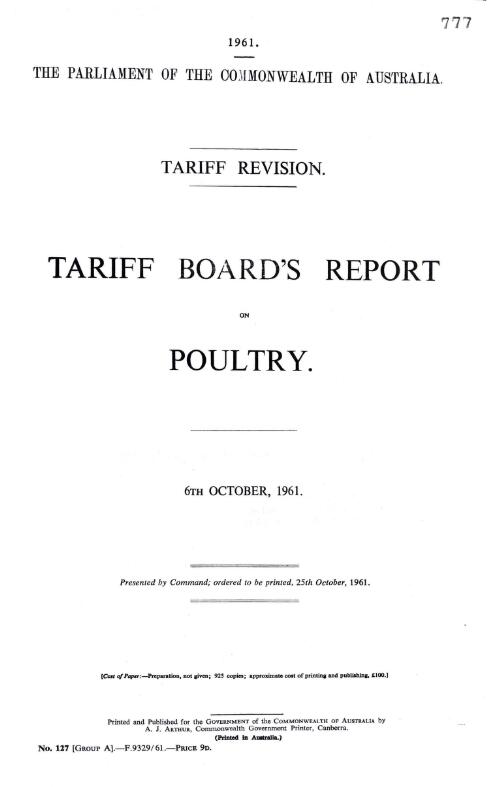 Tariff revision : Tariff Board's report on poultry, 6th October, 1961
