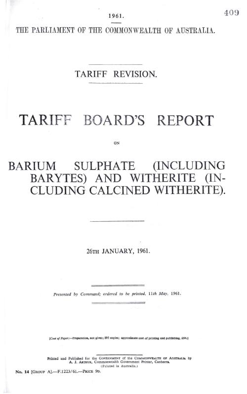 Tariff revision : Tariff Board's report on barium sulphate (including barytes) and winterite (including calcined winterite), 26th January, 1961