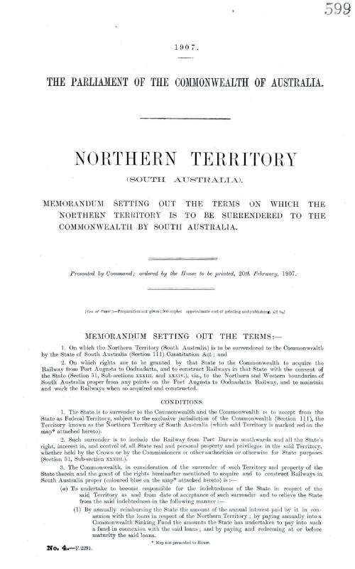 Northern Territory (South Australia) : memorandum setting out the terms on which the Northern Territory is to be surrendered to the Commonwealth by South Australia