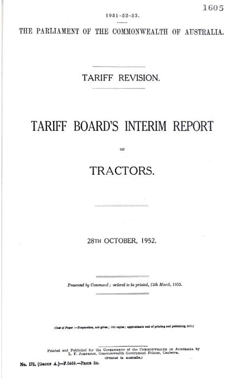 Tariff revision : Tariff Board's interim report on tractors, 28th October, 1952